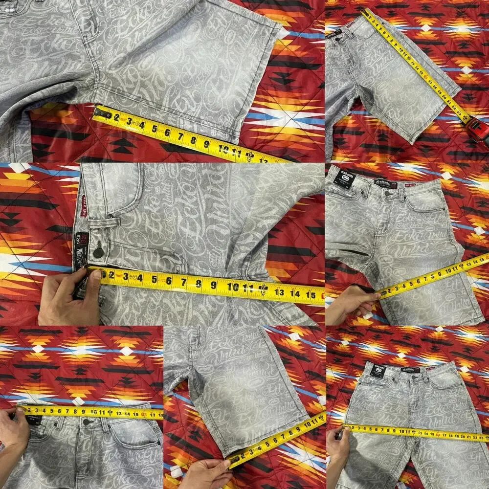 Ecko Unltd All Over Print Script Gray Denim Shorts Men’s Sz 32 Jorts Relaxed AOP